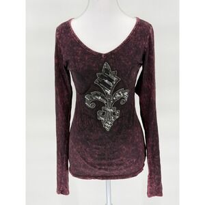 Y2K RETRO GOTH Daytrip Long Sleeve fleur-de-lis Top Sequin S Burgundy